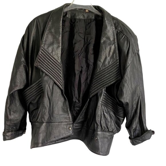 Derimod Black Leather Jacket with Pockets and Snaps - Picture 1 of 11
